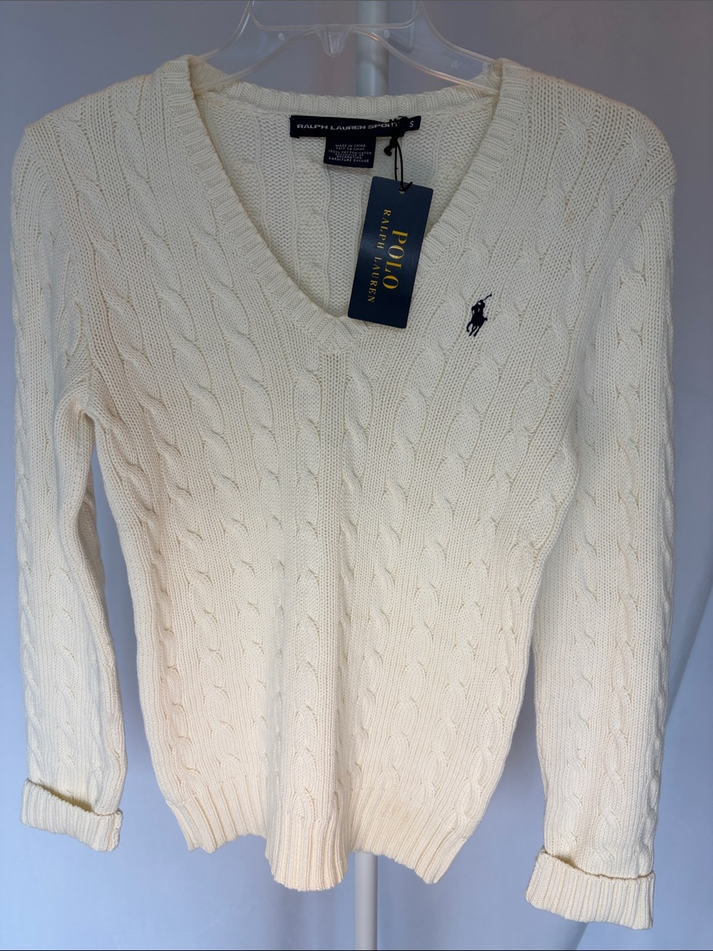Women’s Polo by Ralph Lauren Cream Cable-Knit V-Neck Sweater w/ Navy Pony-Small